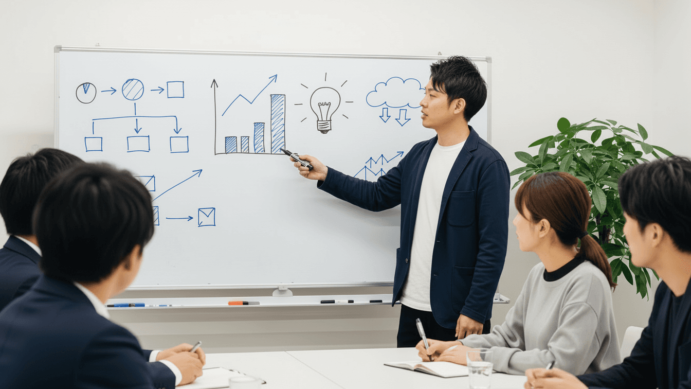 勉強会でホワイトボードを使って説明する様子