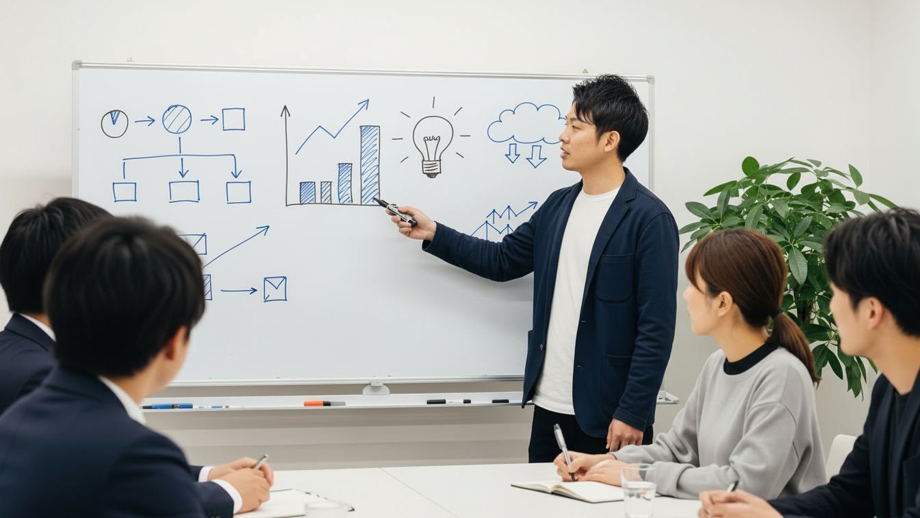 勉強会でホワイトボードを使って説明する様子