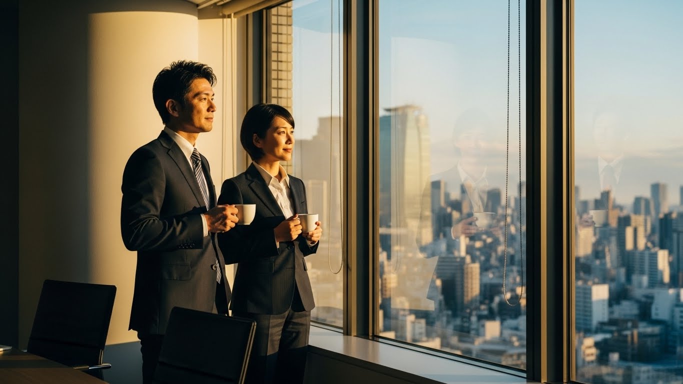 経営者同士がコーヒーを飲みながら交流する様子