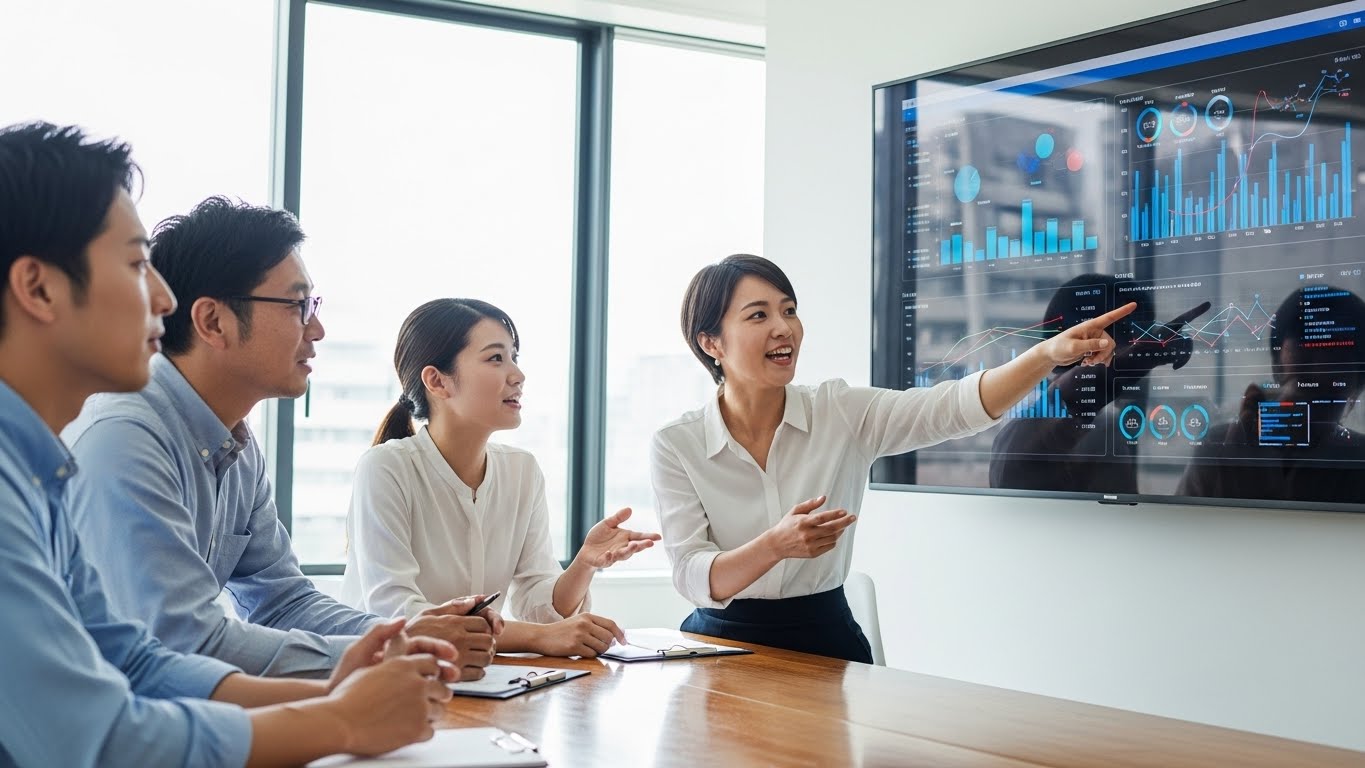 データを見ながら業務改善について相談する様子